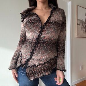 Vintage Whimsigoth Fairycore Asymmetrical Zip Up Knit Sweater Frilly Hem